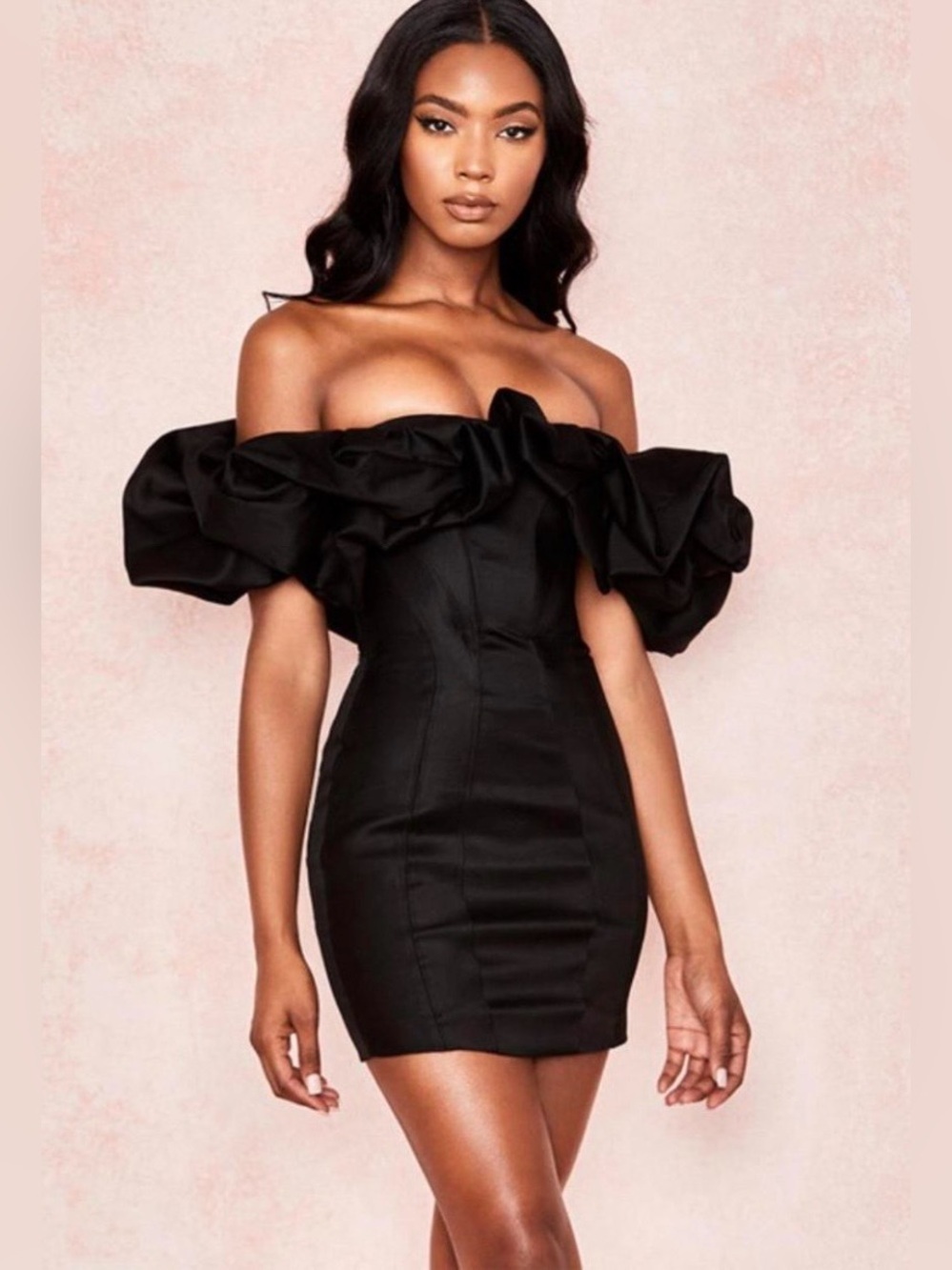 Reformation Black Off-Shoulder Puff-Sleeve Mini Dress